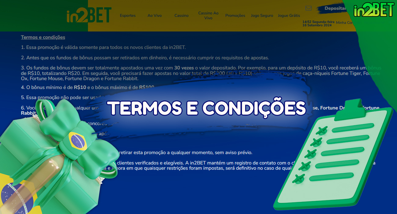 Termos e condições para receber um bônus da In2Bet.